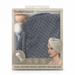 Sada na starostlivosť o pleť – kefka na tvár + rýchloschnúca čiapka na vlasy (Copy)