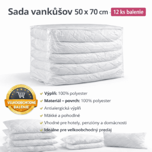 Vankúš 50 × 70 cm – Biely, Polyesterová Výplň, Pevne Šitý (Bez Zipsu), Balenie 12 ks