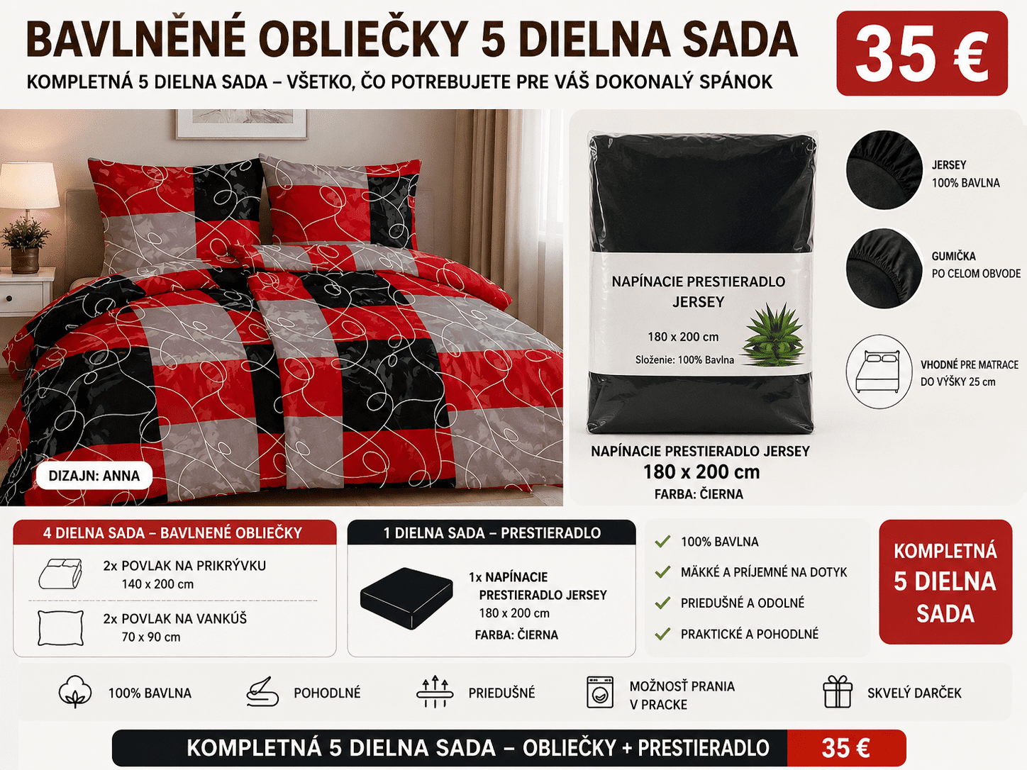 Luxusná 5-dielna bavlnená sada ANNA – Moderný dizajn + Jersey plachta