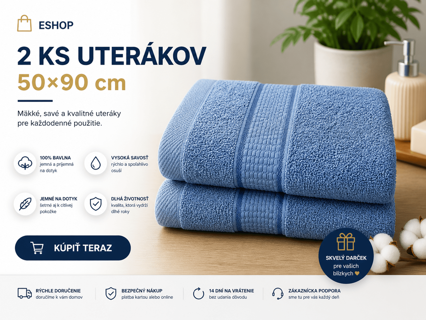 2 ks uterákov 50×90 cm – tmavomod