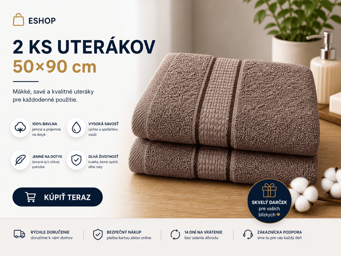 2 ks uterákov 50×90 cm – tmavá hneda