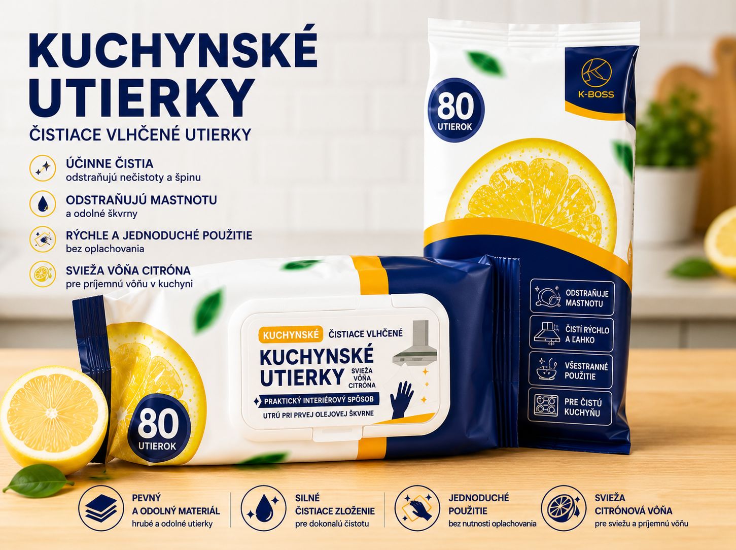 Kuchynské vlhčené utierky – citrónová vôňa 80 ks