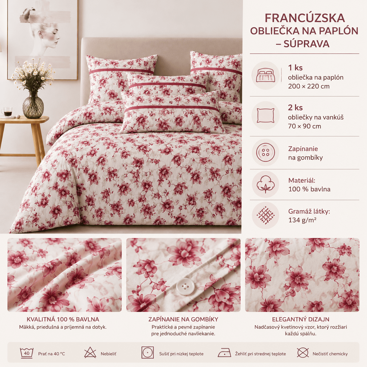 Francúzska obliečka na paplón – kvetinový vzor (200 × 220 cm) – Obrázok 4