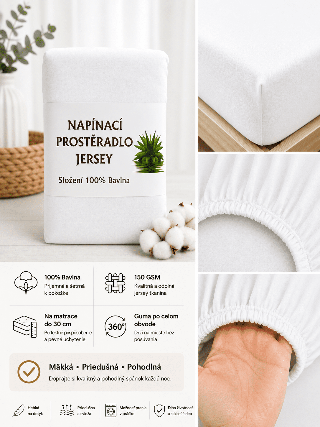 Jersey napínacia plachta – 90X200 biela – Obrázok 3