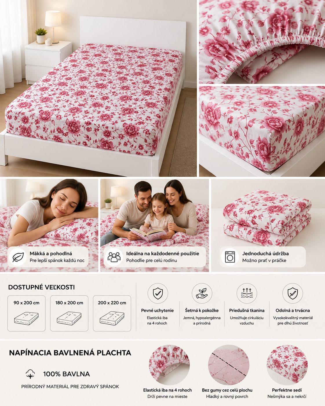 Bavlnená napínacia plachta – Ružový kvetinový – Obrázok 2