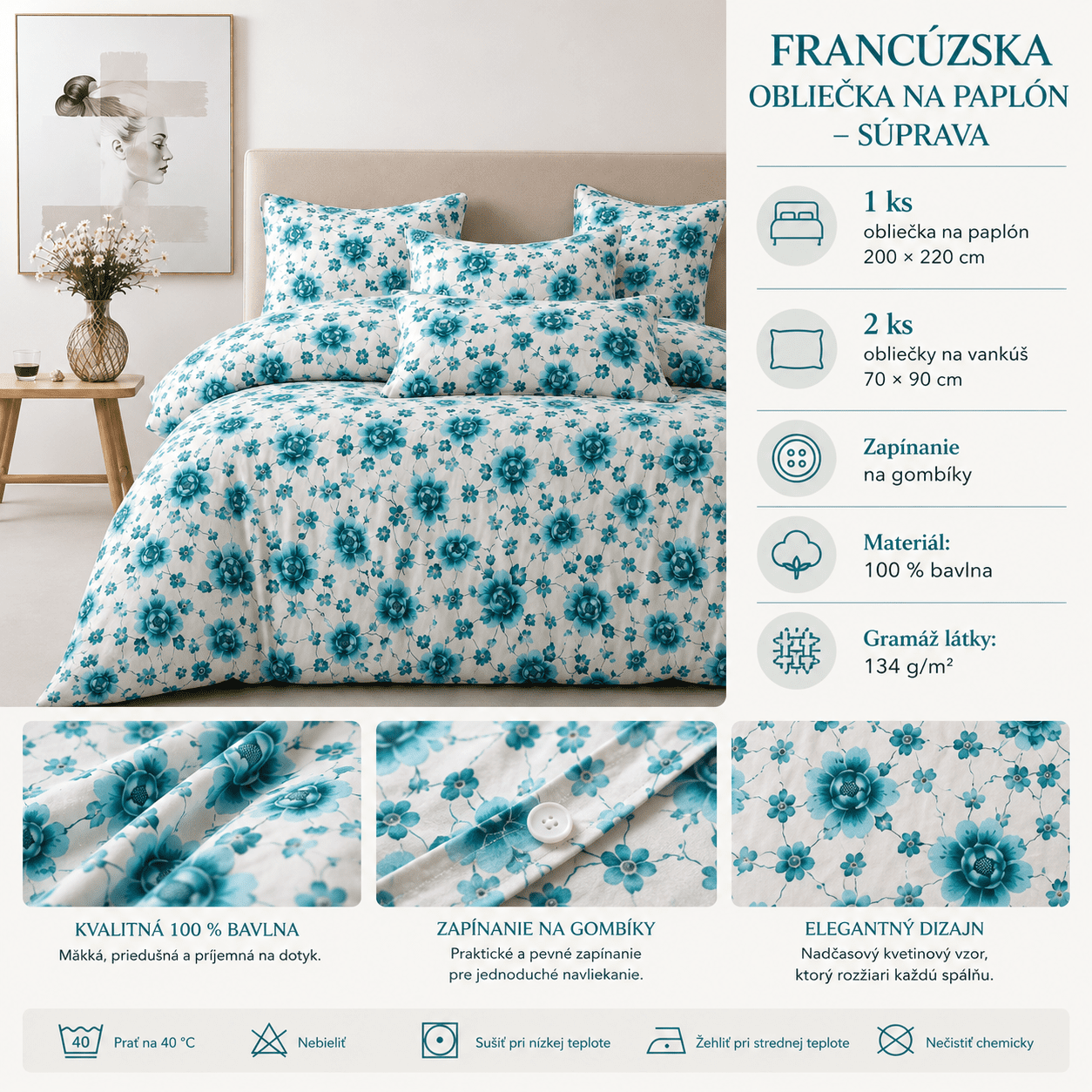 Francúzske bavlnené obliečky 200x220 cm Tyrkysové kvety – Obrázok 3