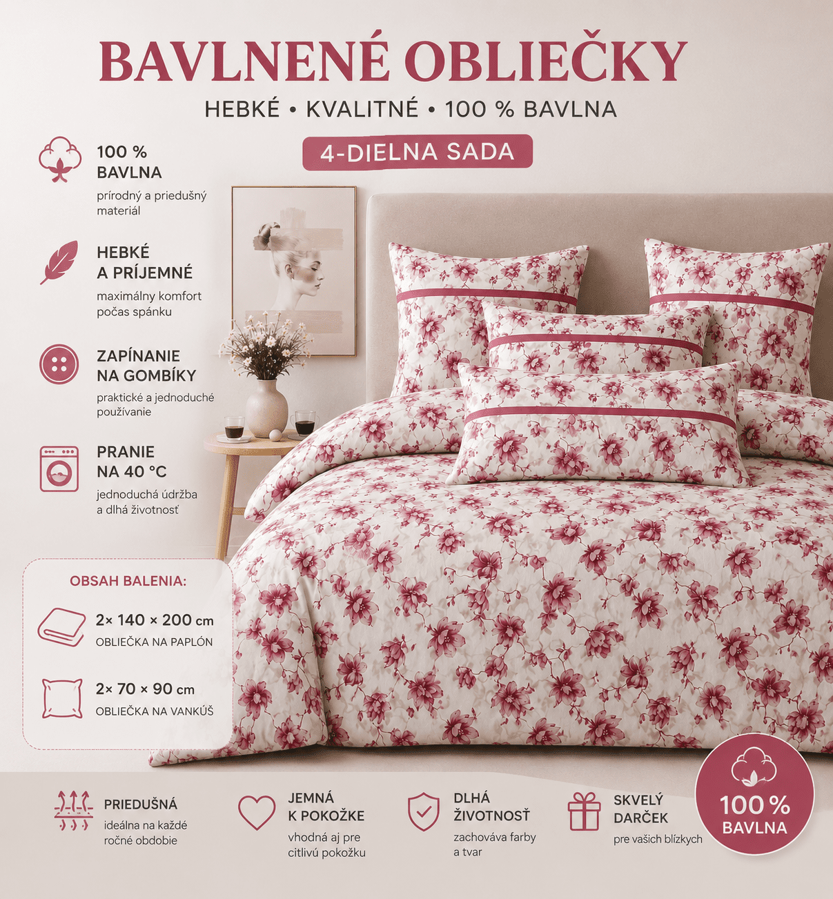 Bavlnené obliečky – 4-dielna sada Hebko01 – Obrázok 2