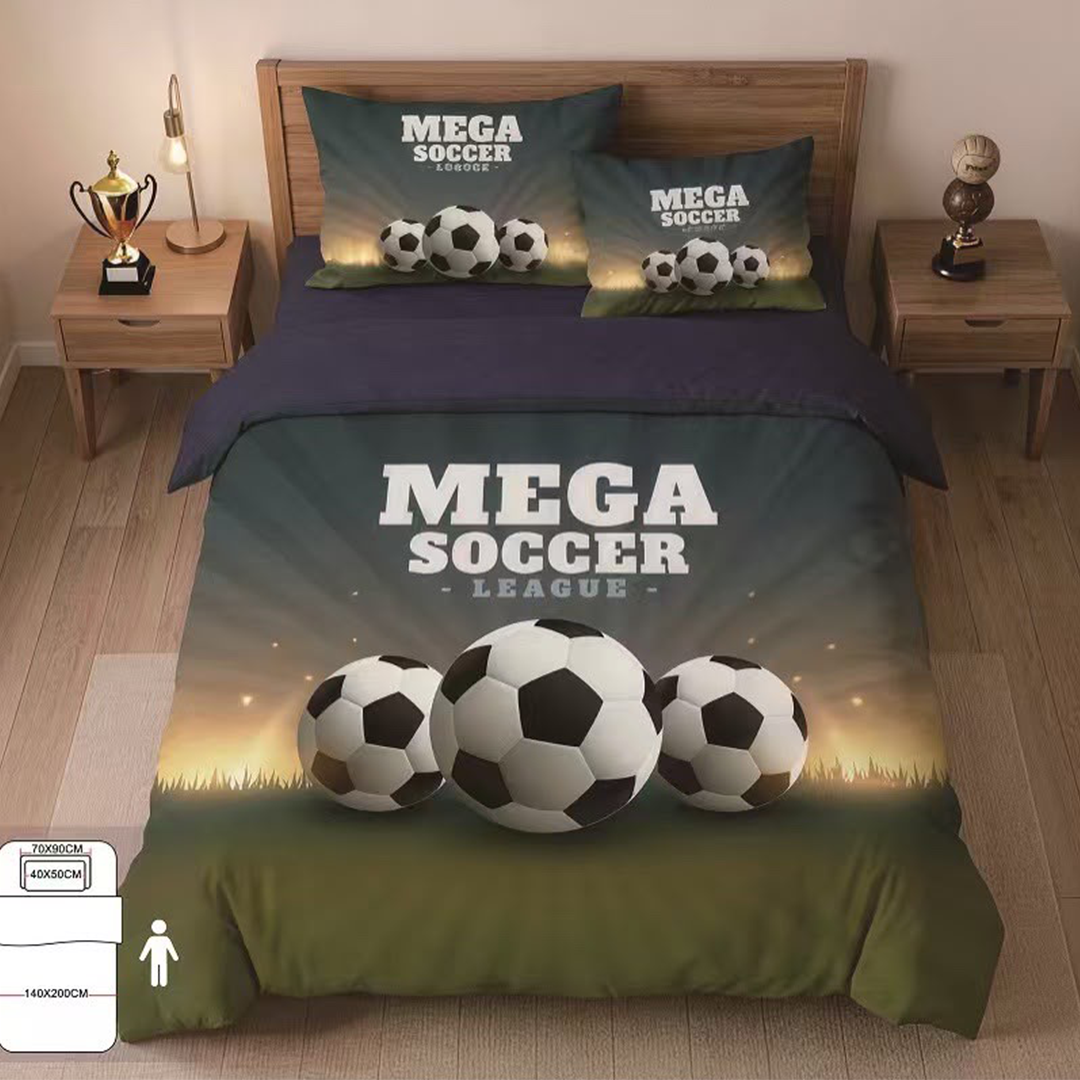Bavlnené detské obliečky 3-dielna sada 140 × 200 cm s motívom futbalových lôpt a nápisom Mega Soccer vrátane obliečky na veľký a malý vankúš