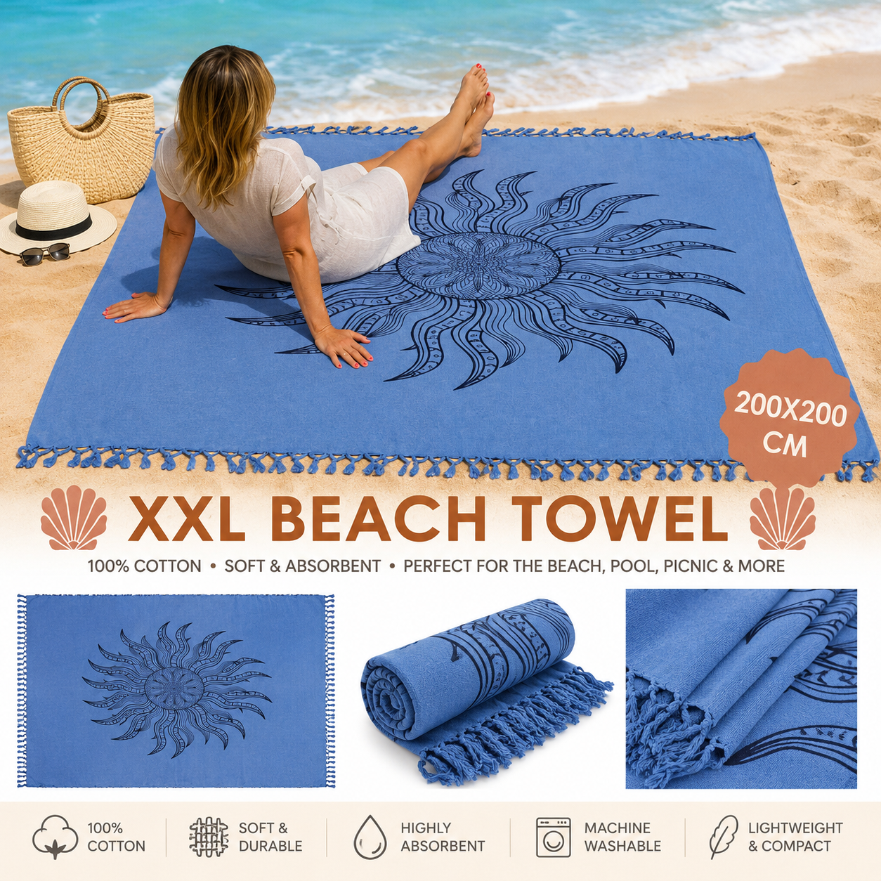 XXL Plážová osuška 200 × 200 cm – 100 % bavlna (Kópia) – Obrázok 2